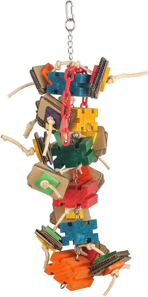 Birds LOVE Hanging Colored Wooden Blocks with Chain, Rope and Cardboard Foraging Chewing Bird Toy for Medium to Large Sized Parrots, African Grey, Amazon, Caique, Eclectus, Cockatoos, Mini Macaws