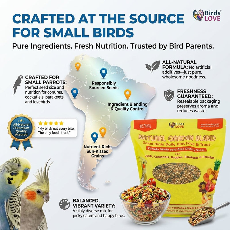 Birds LOVE Natural Garden Blend Bird Food for Small Birds, 4 lb Hand Packed in USA, All Natural Mix with Fruits, Nuts, Vegetables, Seeds & Grains for Lovebirds, Cockatiels, Budgies, Parakeets & Parrotlets