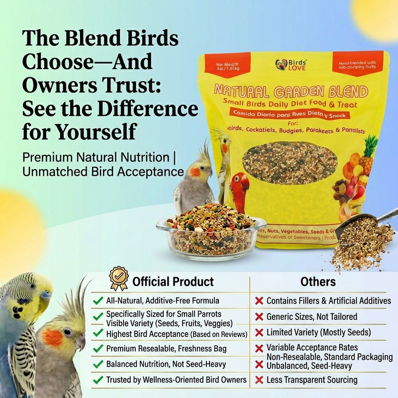 Birds LOVE Natural Garden Blend Bird Food for Small Birds, 4 lb Hand Packed in USA, All Natural Mix with Fruits, Nuts, Vegetables, Seeds & Grains for Lovebirds, Cockatiels, Budgies, Parakeets & Parrotlets