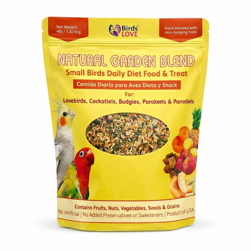 Birds LOVE Natural Garden Blend Bird Food for Small Birds, 4 lb Hand Packed in USA, All Natural Mix with Fruits, Nuts, Vegetables, Seeds & Grains for Lovebirds, Cockatiels, Budgies, Parakeets & Parrotlets