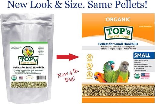 TOP's Parrot Food Bird Pellets for Small Hookbills - Non-GMO, Peanut Soy & Corn Free, USDA Organic Certified - 1 lb oz / 454 g