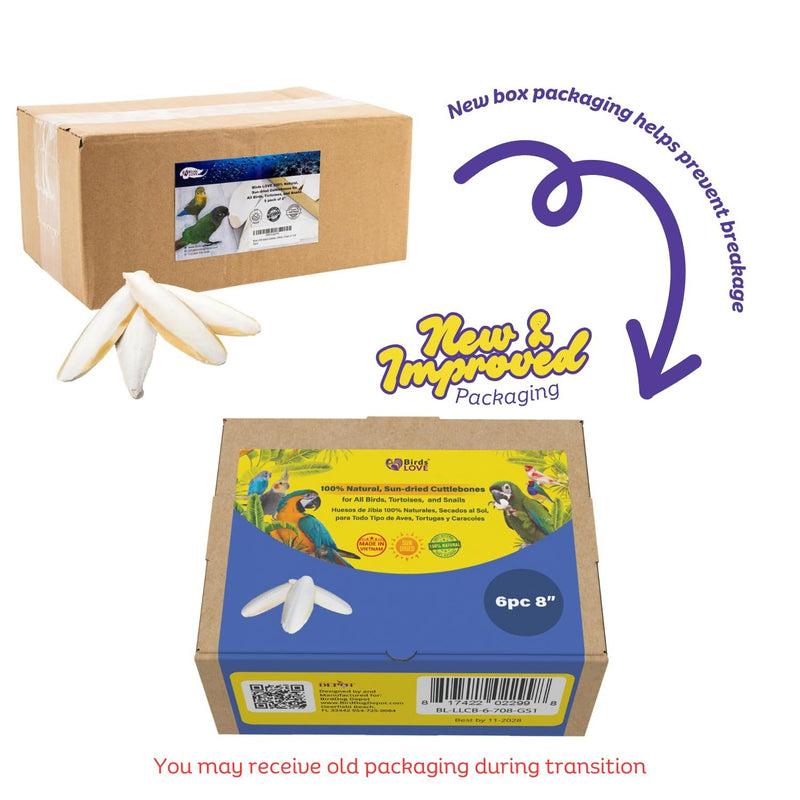 Birds LOVE Natural Cuttlebone – Premium Calcium & Trace Mineral Supplement for Tortoises, Snails, Parakeets, Cockatiels, and All Birds - 6 Pack of 7.5 to 8"