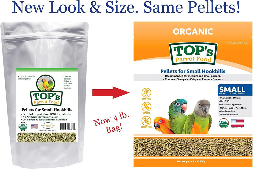 TOP's Parrot Food Bird Pellets for Small Hookbills - Non-GMO, Peanut Soy & Corn Free, USDA Organic Certified - 4 lb