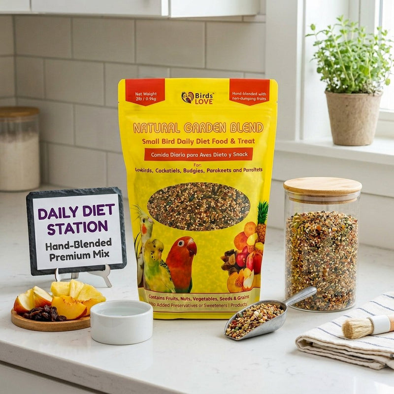 Birds LOVE Natural Garden Blend Bird Food for Small Birds, 4 lb Hand Packed in USA, All Natural Mix with Fruits, Nuts, Vegetables, Seeds & Grains for Lovebirds, Cockatiels, Budgies, Parakeets & Parrotlets