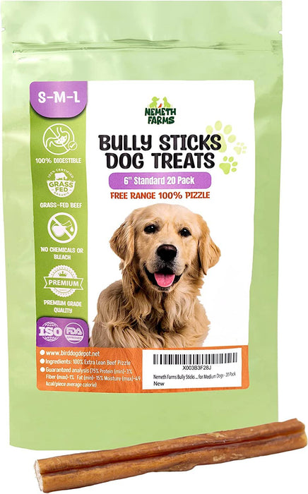 Nemeth Farms Bully Sticks for Dogs - 6" Dog Bully Sticks for Large Dogs, Standard Beef Bully Sticks for Small Dogs - Odorless Dog Chews Bully Sticks for Puppies, Bully Sticks for Medium Dogs - 20 Pack