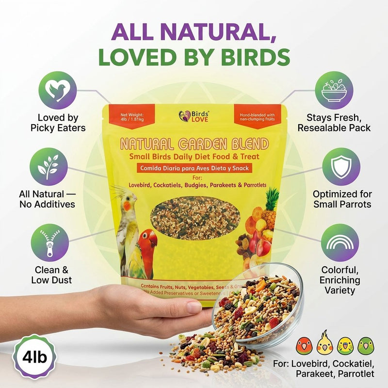 Birds LOVE Natural Garden Blend Bird Food for Small Birds, 4 lb Hand Packed in USA, All Natural Mix with Fruits, Nuts, Vegetables, Seeds & Grains for Lovebirds, Cockatiels, Budgies, Parakeets & Parrotlets