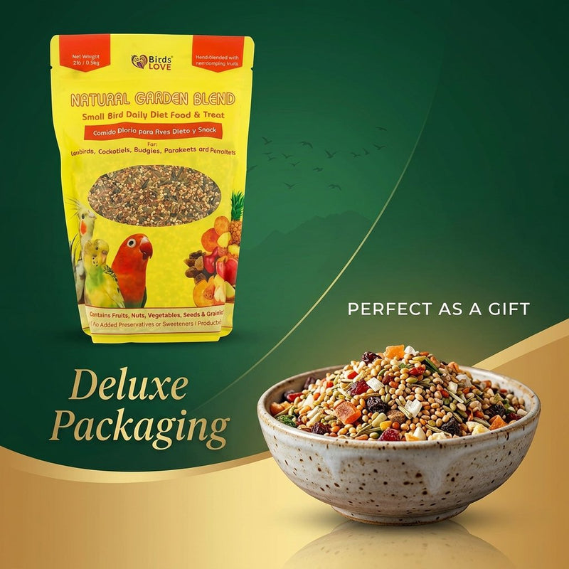 Birds LOVE Natural Garden Blend Bird Food for Small Birds, 4 lb Hand Packed in USA, All Natural Mix with Fruits, Nuts, Vegetables, Seeds & Grains for Lovebirds, Cockatiels, Budgies, Parakeets & Parrotlets