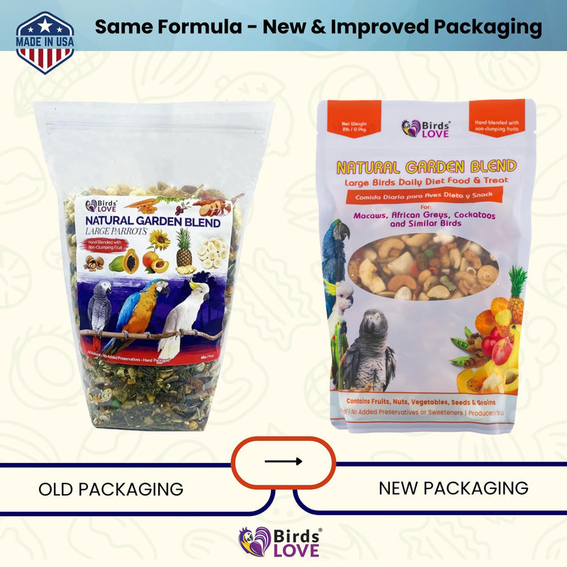 Birds LOVE Natural Garden Blend Bird Food for Small Birds, 4 lb Hand Packed in USA, All Natural Mix with Fruits, Nuts, Vegetables, Seeds & Grains for Lovebirds, Cockatiels, Budgies, Parakeets & Parrotlets