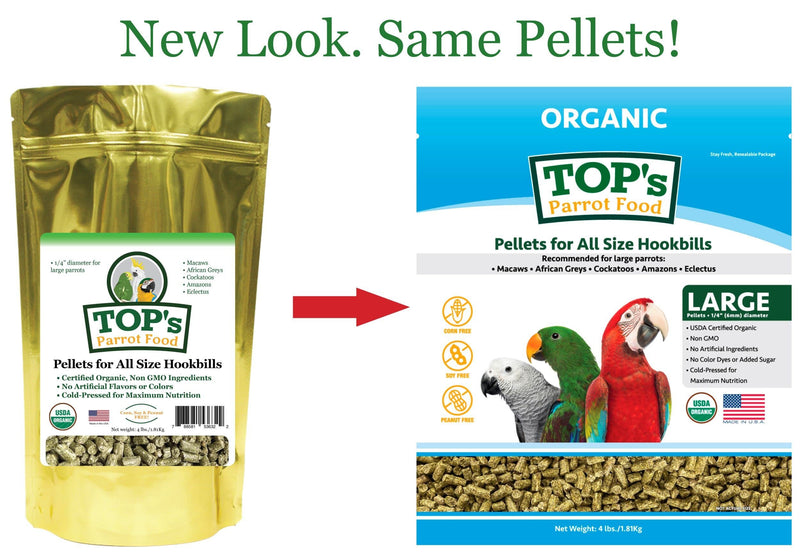 TOP's Parrot Food Pellets Hookbills, Small, Medium, Large Birds - Non-GMO, Peanut Soy & Corn Free, USDA Organic Certified - 1 lb / 453 g