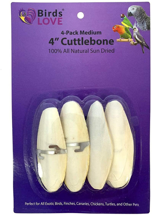 Birds LOVE 4-Pack 4" Cuttlebone for Cockatiels Parakeets Budgies Finches Canaries Lovebirds Small Conures Mynahs Toucans African Greys All Parrots