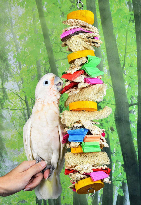 Birds LOVE Chewing Loofah, Colored Wood Circles, Grass, Crepe Paper Toy, Hanging Fun for Parrot Budgies Cockatoo Parakeet Cockatiel Cage Bite Toy – 19.50" Long