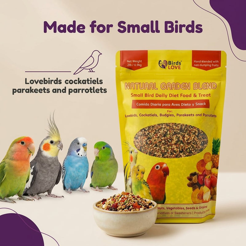 Birds LOVE Natural Garden Blend Bird Food for Small Birds, 4 lb Hand Packed in USA, All Natural Mix with Fruits, Nuts, Vegetables, Seeds & Grains for Lovebirds, Cockatiels, Budgies, Parakeets & Parrotlets