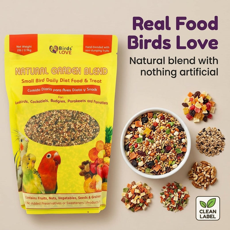 Birds LOVE Natural Garden Blend Bird Food for Small Birds, 4 lb Hand Packed in USA, All Natural Mix with Fruits, Nuts, Vegetables, Seeds & Grains for Lovebirds, Cockatiels, Budgies, Parakeets & Parrotlets