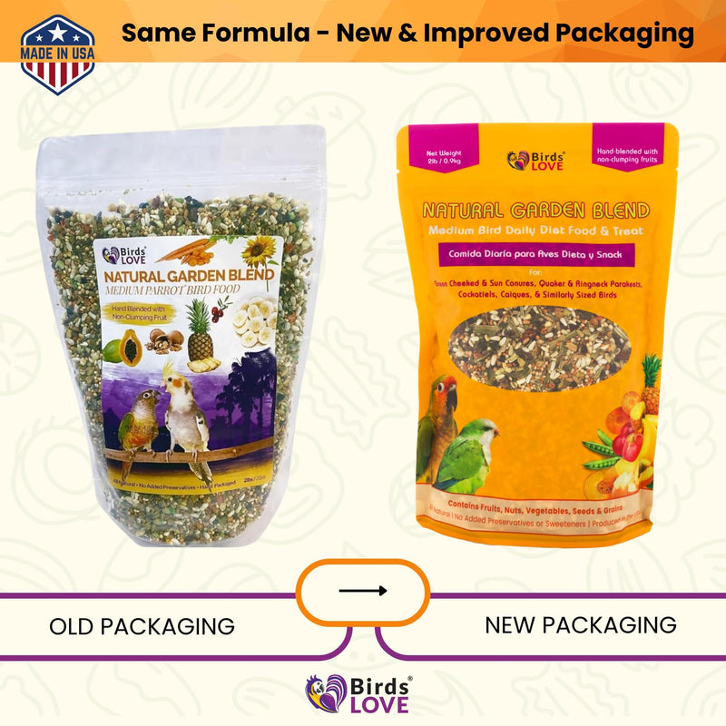 Birds LOVE All Natural Garden Blend Bird Food for Medium Birds - Cockatiels, Green Cheek Conures, Ringneck Parakeets and Small Quakers 2lb