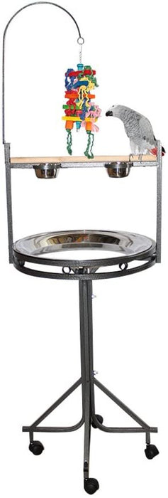 Birds LOVE Stainless Steel Tray, Non-Toxic, Powder Coated Parrot Playstand with Perch, Toy Hook and Stainless Steel Cups - Black