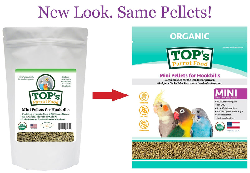 TOP's Parrot Food Mini Pellets Bird Food for Budgies, Cockatiels, Parrotlets, Lovebirds, Parakeets - Non-GMO, Peanut Soy & Corn Free, USDA Organic Certified - 1 lb