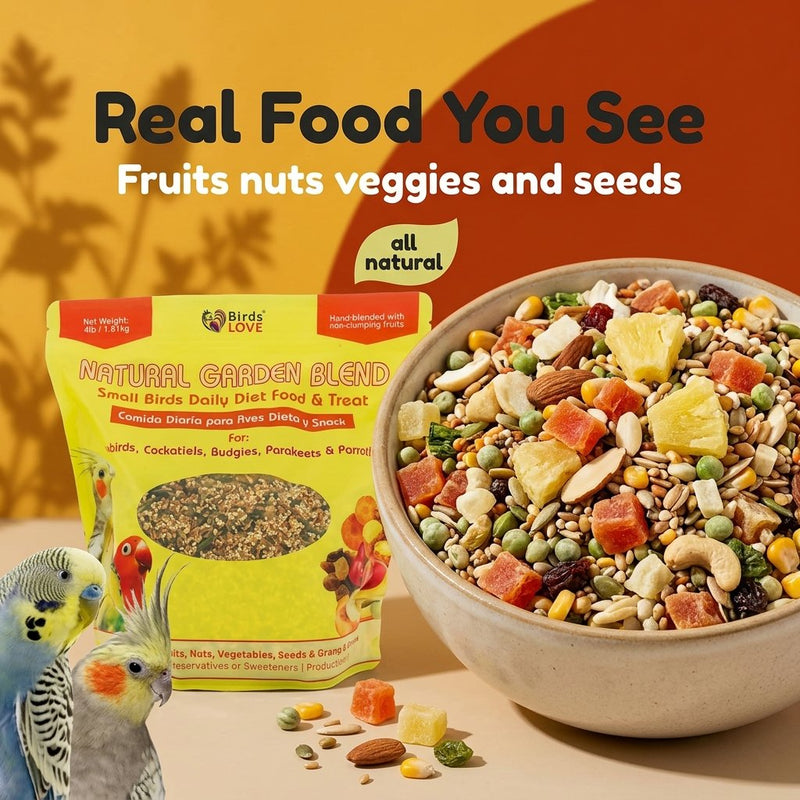 Birds LOVE Natural Garden Blend Bird Food for Small Birds, 4 lb Hand Packed in USA, All Natural Mix with Fruits, Nuts, Vegetables, Seeds & Grains for Lovebirds, Cockatiels, Budgies, Parakeets & Parrotlets