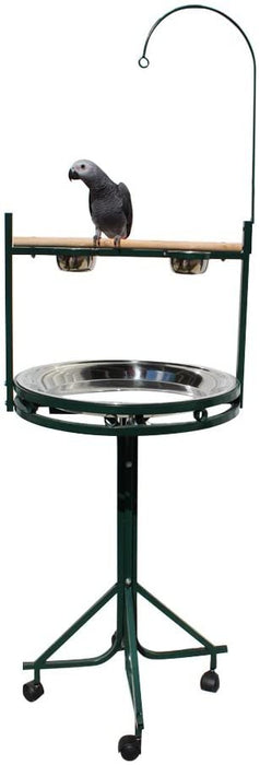 Birds LOVE Stainless Steel Tray, Non-Toxic, Powder Coated Parrot Playstand with Perch, Toy Hook and Stainless Steel Cups (Green)