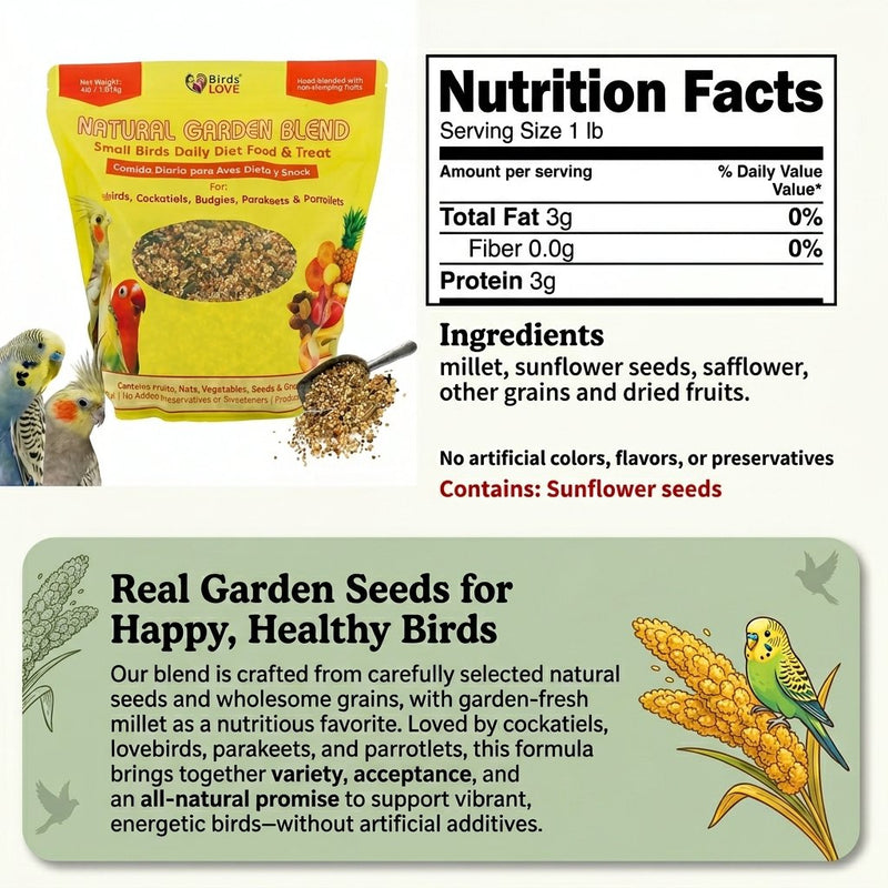 Birds LOVE Natural Garden Blend Bird Food for Small Birds, 4 lb Hand Packed in USA, All Natural Mix with Fruits, Nuts, Vegetables, Seeds & Grains for Lovebirds, Cockatiels, Budgies, Parakeets & Parrotlets