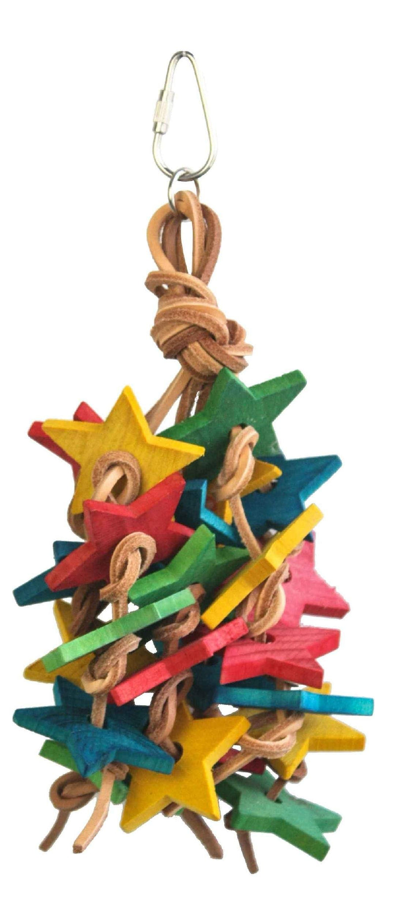 Birds LOVE Wood Stars & Leather Toy for Bird Cage Stand or Playgym, Bird Toys for Small to Medium Parrots, Sun Conures, Green Cheeked Conures, Quakers, Parakeets, Caiques, Cockatiels, African Senegals