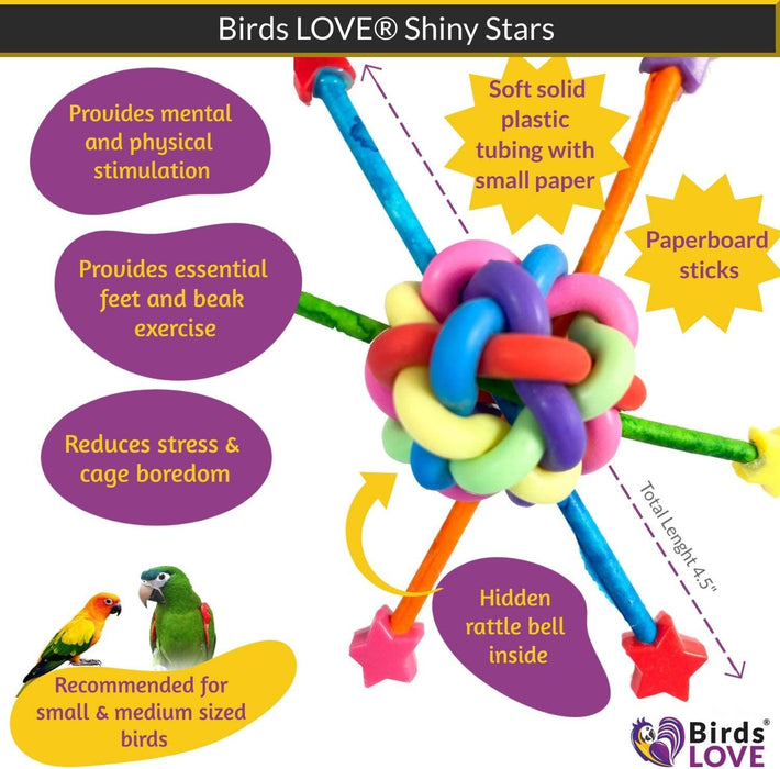 Birds LOVE Shiny Stars Foot Parrot Toy, Cage or Playgym, Rattle Bell Inside for Small to Medium Birds