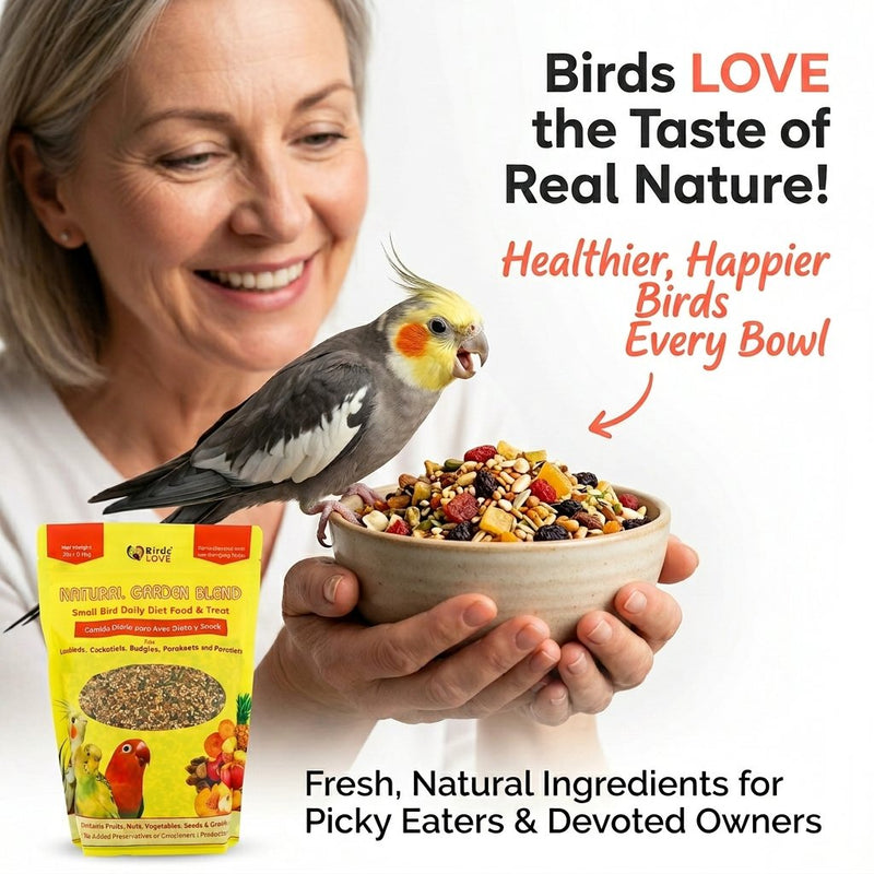 Birds LOVE Natural Garden Blend Bird Food for Small Birds, 4 lb Hand Packed in USA, All Natural Mix with Fruits, Nuts, Vegetables, Seeds & Grains for Lovebirds, Cockatiels, Budgies, Parakeets & Parrotlets