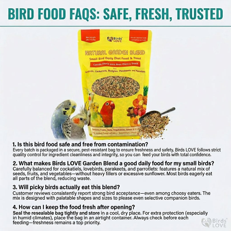 Birds LOVE Natural Garden Blend Bird Food for Small Birds, 4 lb Hand Packed in USA, All Natural Mix with Fruits, Nuts, Vegetables, Seeds & Grains for Lovebirds, Cockatiels, Budgies, Parakeets & Parrotlets