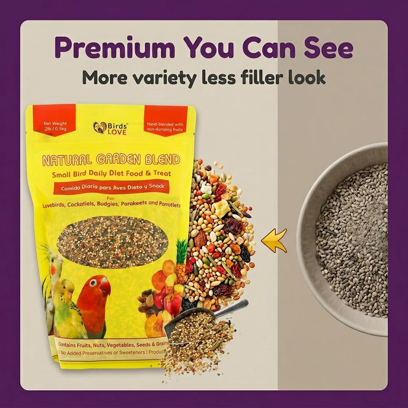 Birds LOVE Natural Garden Blend Bird Food for Small Birds, 4 lb Hand Packed in USA, All Natural Mix with Fruits, Nuts, Vegetables, Seeds & Grains for Lovebirds, Cockatiels, Budgies, Parakeets & Parrotlets