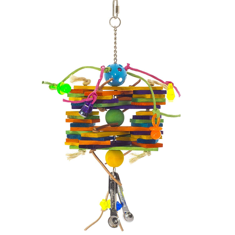Birds LOVE Medium Bird Toy Colorful Pine Slats, Paper Rope, Stainless Steel Spoons, Acrylic Rings, Leather Strips, Sisal African Grey Cockatoo Amazon Macaw Bird Cage