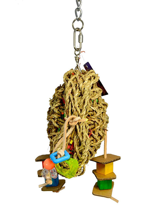 Birds LOVE Medium Seagrass Foraging Pouch Toy w Wood & Acrylic Toys on Leather Strings, Forage Hanging Chewing Fun for Macaw Cockatoo Grey Amazon – 10” x 10”