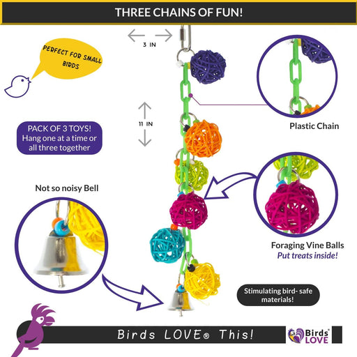 Birds LOVE 3-Pack Vine Ball Small Bird Toy Plastic Chain Tiny Acrylic Beads Electroplated Metal Rings, Bell for Small Bird Cage