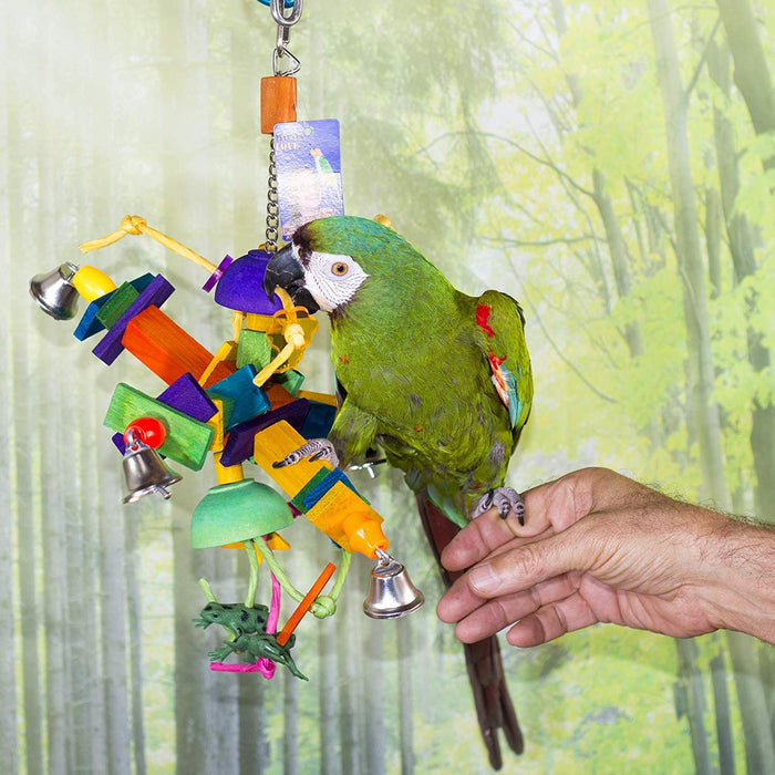 Birds LOVE Small Medium Bird Toy w Wood Dish Slats Balls Bells Cotton Rope Frogs, Squares Senegal Parrot, Sun Conure, Amazon, Mini Macaw, Caique, African Grey Goffin Cockatoo for Bird Cage