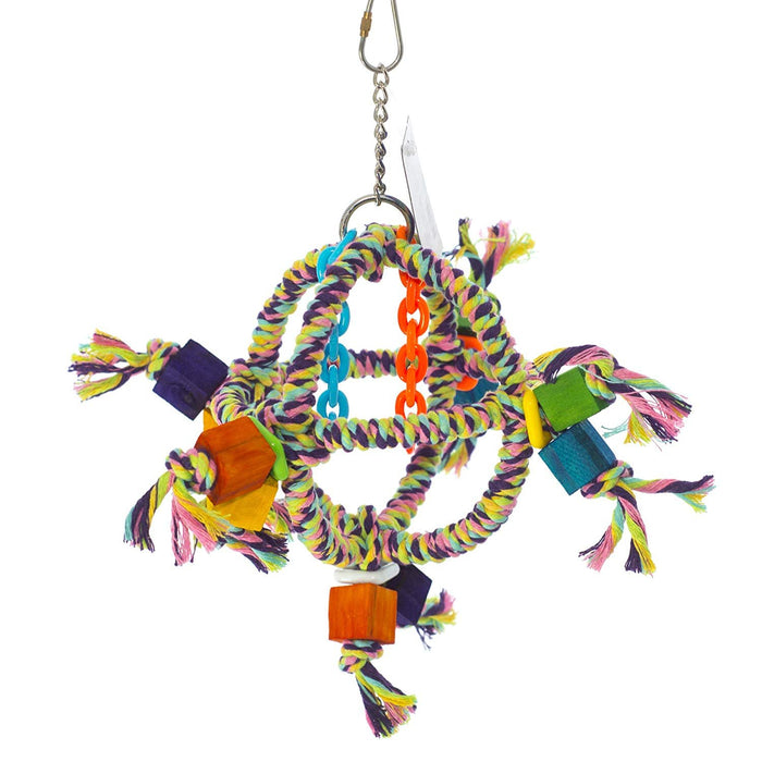 Birds LOVE Galaxy Orbiter Small Medium Bird Cage Toy Safely Colored Cotton Rope, Pine Blocks and Plastic Chain