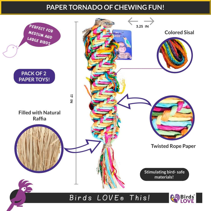 Birds LOVE Twisted Paper Tornado for African Greys, Cockatoos, Macaws and Similar Sized Large Birds 2-PACK - 17" L x 3.25" W