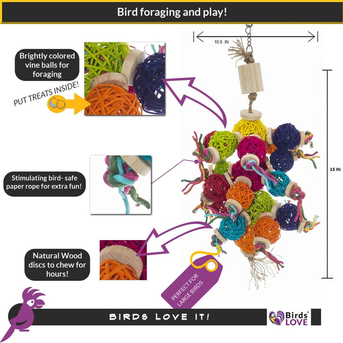 Birds LOVE Bird Foraging and Chew Toy Vine Balls for Large Birds Macaws Cockatoos - LG - 20" long x 8" wide
