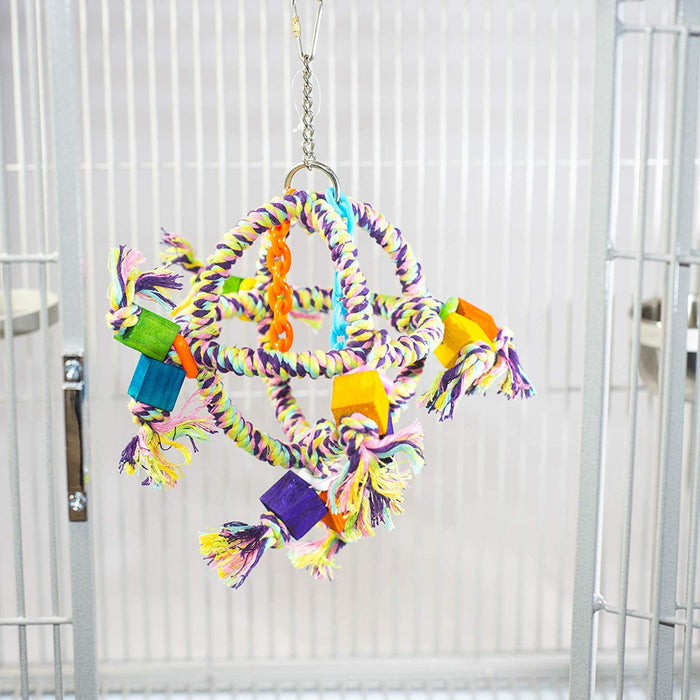 Birds LOVE Galaxy Orbiter Small Medium Bird Cage Toy Safely Colored Cotton Rope, Pine Blocks and Plastic Chain
