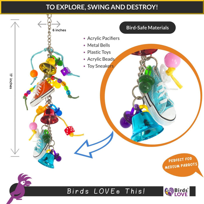 Birds LOVE Bird Safe Chain Strung with Mini-Sneakers, Paper Rope Pacifiers Dice Acrylic Beads Bell Medium Birds for Bird Cage