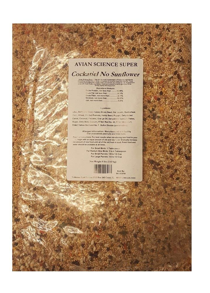 Volkman Avian Science Super Cockatiel No Sunflower Bird Food Daily Diet for Lovebirds Green Cheeked Conures Sun Conures, One 8lb Bag