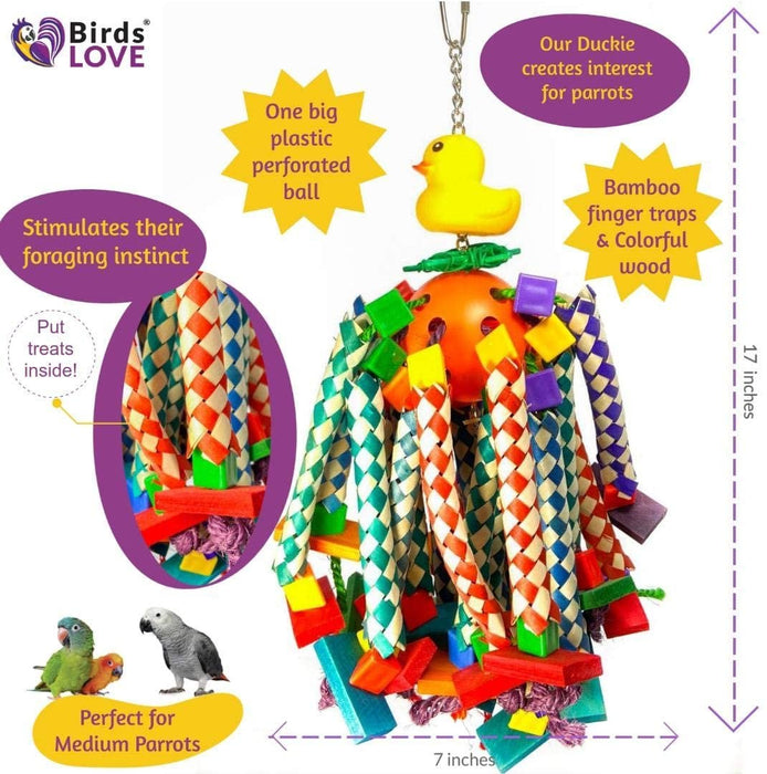 Birds LOVE Lucky Ducky Octopus with Bamboo Finger Traps Parrot Toy for All Birds Cage