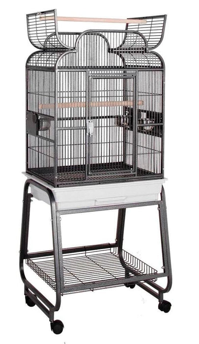 HQ Scroll Top 22x17 Bird Cage and Rolling Stand w Shelf - Platinum White