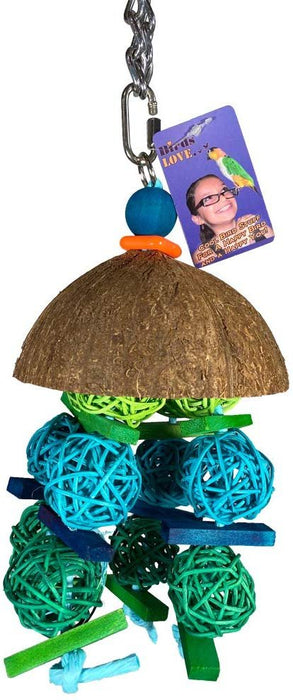 Birds LOVE Coconut Shell with Vineballs for Small to Medium Birds, Chewing Foraging Trimming Hanging Parrot Toy, Caique Small Macaw Eclectus